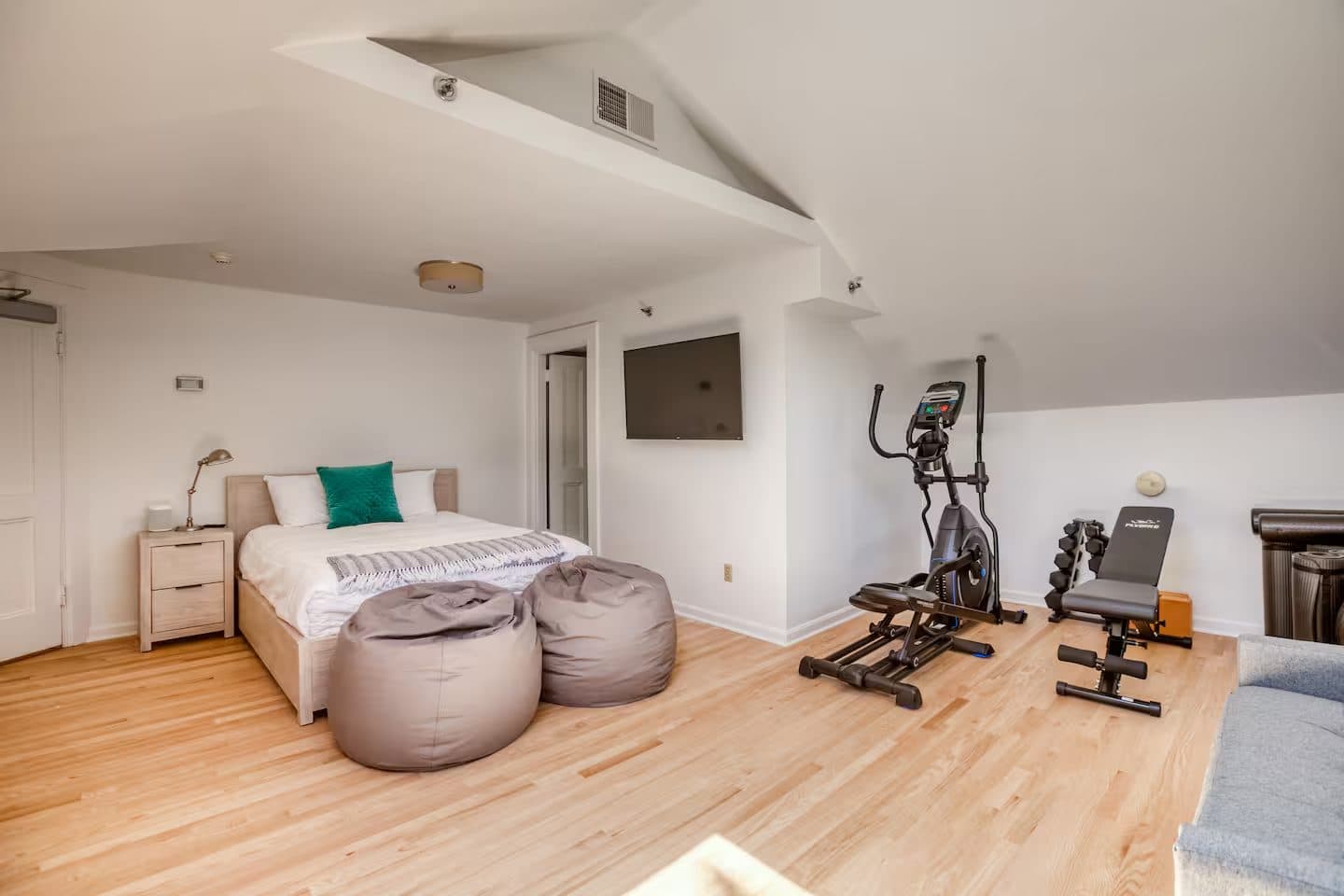 The Exercise Room — a bright bedroom with exercise equipment
